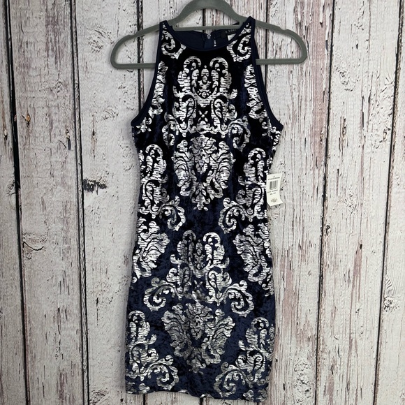🏷️NWT B. Darlin Bodycon Dress Juniors Size 9/10 Navy Blue Velvet Silver Damask‎